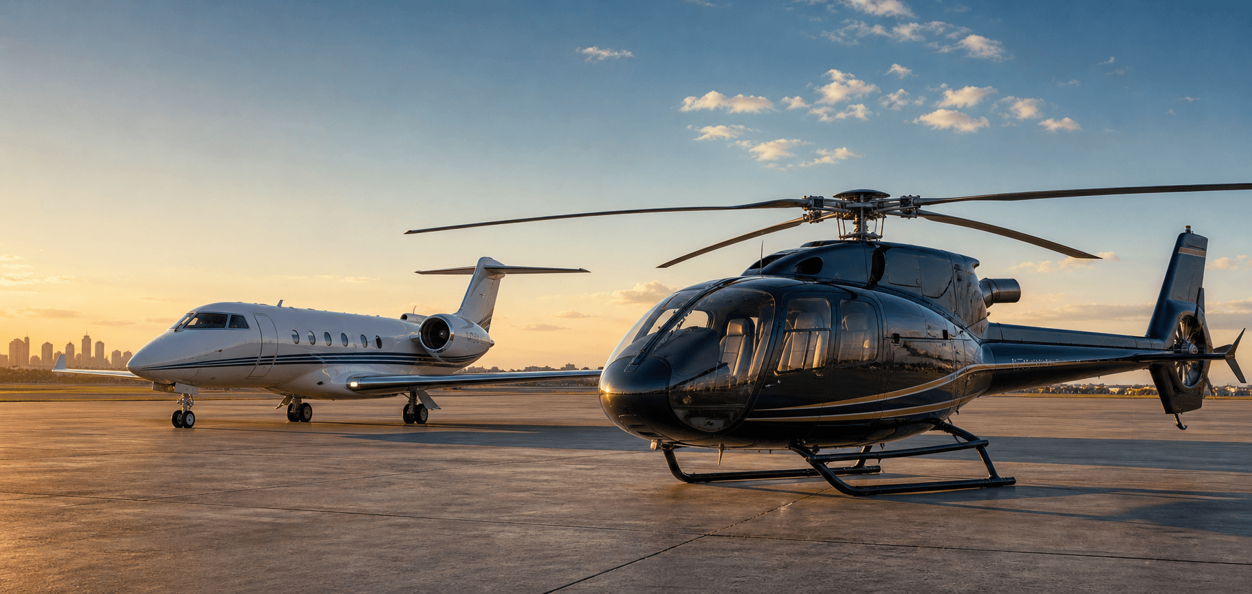 Helicoptero ejecutivo y jet privado listos para vuelos premium